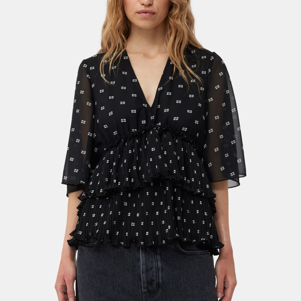 GANNI Black Pleated Georgette V-Nech Flounce Blouse
